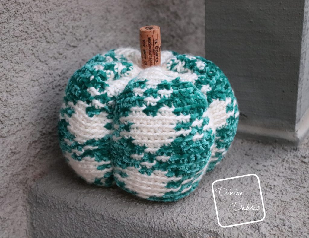 Learn to make the Pretty in Gingham Pumpkin from a free crochet pattern by DivineDebris.com