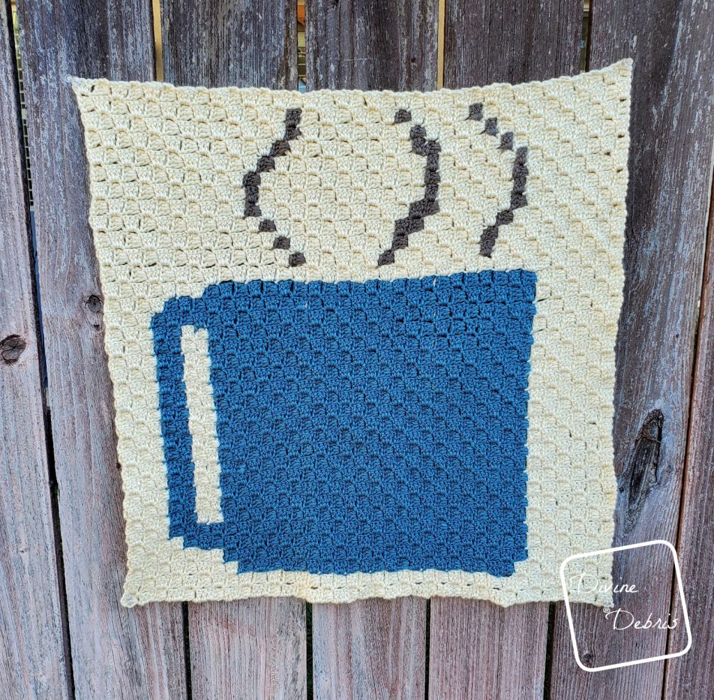 Learn to make the coffee lover's dream, a Steaming Coffee Cup Afghan C2C Crochet Square from a free graph on DivineDebris.com