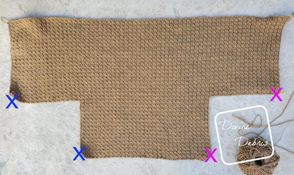 Raquel Cardigan crochet pattern: Left, Back, and Right side showing how work Lapels