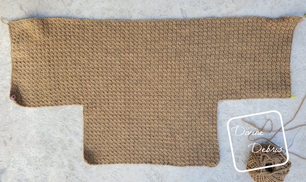 Raquel Cardigan crochet pattern: Left, Back, and Right side example before lapels
