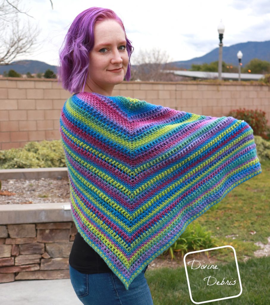 Learn to make the Whitney Shawl, an easy crochet shawl design that works wonderfully in one or more colors, from a free crochet pattern on DivineDebris.com