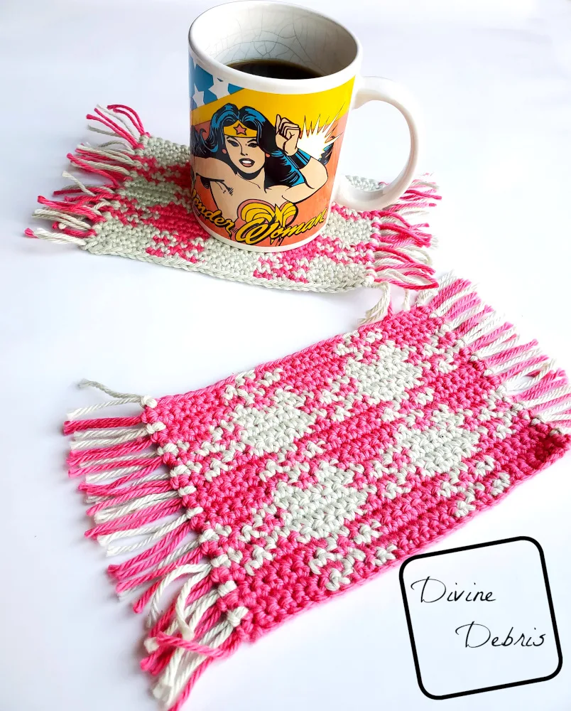 Learn to make the Pretty in Gingham Mug Rug, a fun and interesting tapestry crochet design, from a free crochet pattern by DivineDebris.com