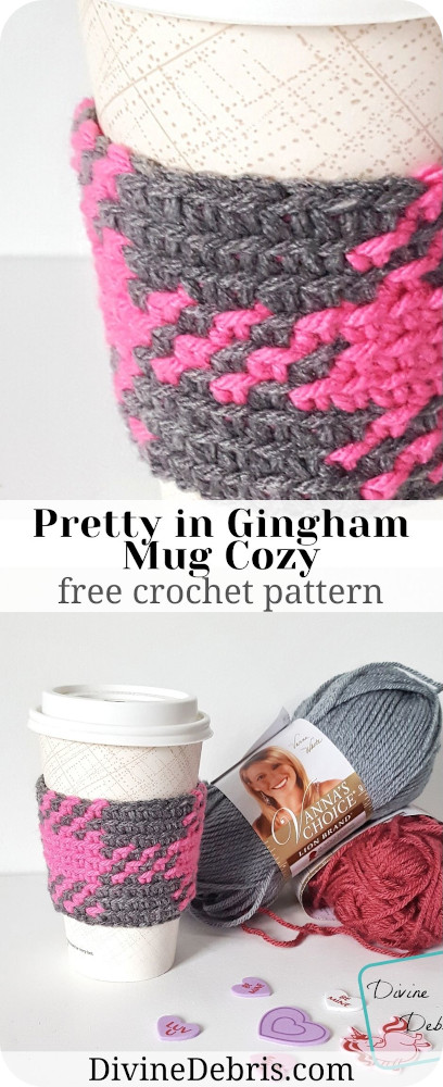 Learn to make the fun and eye-catching mug cozy pattern, the Pretty in Gingham Mug Cozy, from a free crochet pattern by DivineDebris.com