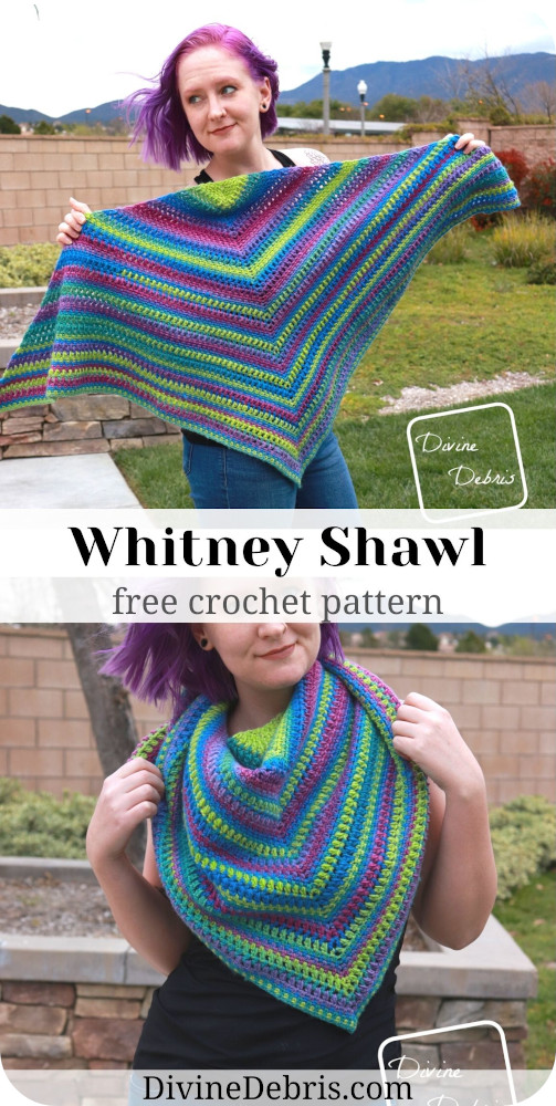 Learn to make the Whitney Shawl, an easy crochet shawl design that works wonderfully in one or more colors, from a free crochet pattern on DivineDebris.com