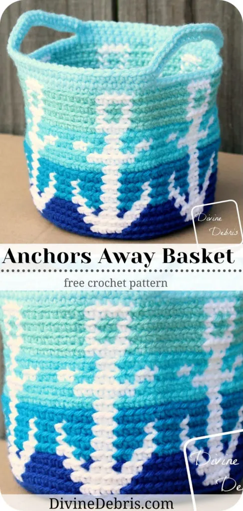 Make a wonderful tapestry crochet anchor themed basket design, the Anchors Away Basket, from a free crochet pattern on Divine Debris.com