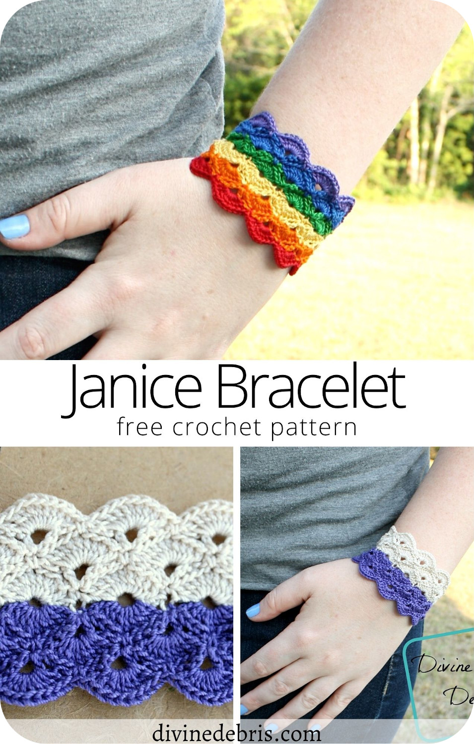 Learn to make the fun, eye-catching, and surprisingly easy Janice Bracelet from a free crochet pattern on DivnieDebris.com