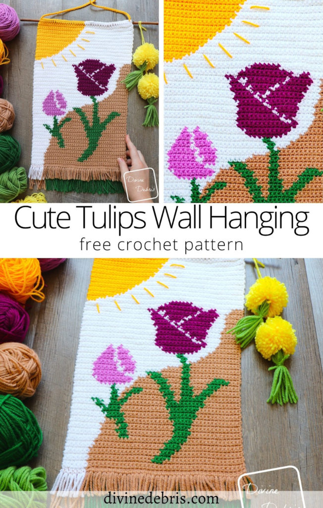 Get into the Spring spirit with this fun, floral, and colorful Cute Tulips Wall Hanging home decor piece from a free crochet pattern.