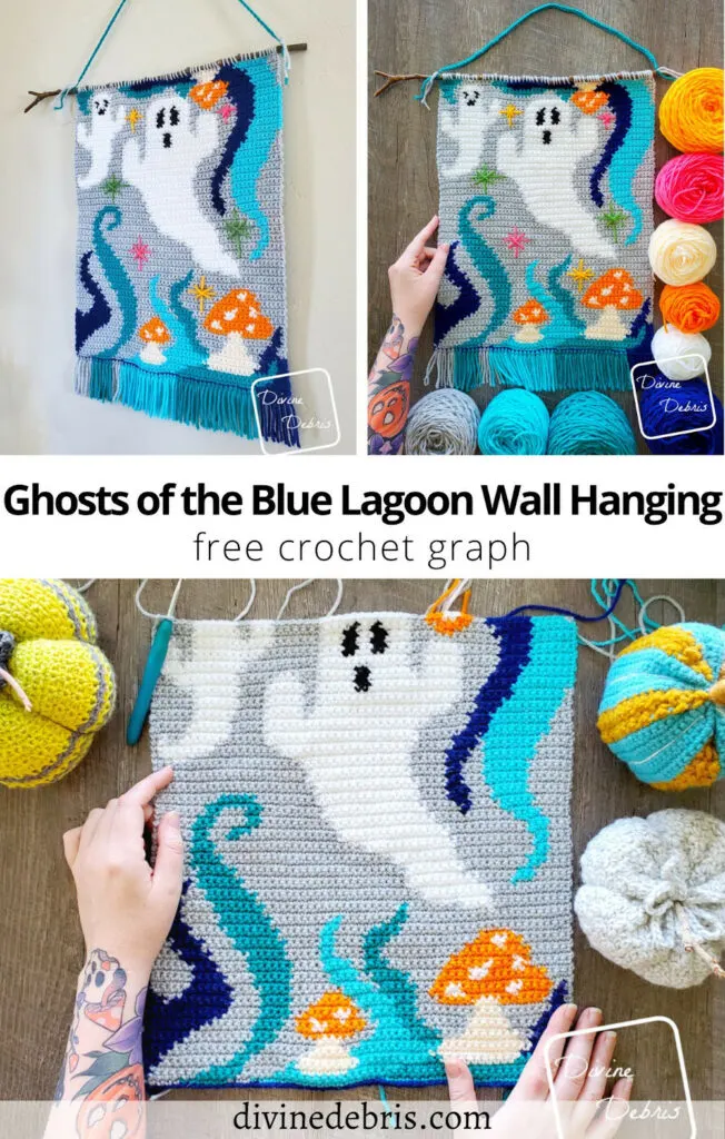 Learn to make the fun and colorful Halloween inspired Ghosts of the Blue Lagoon Wall Hanging crochet pattern from a free graph.