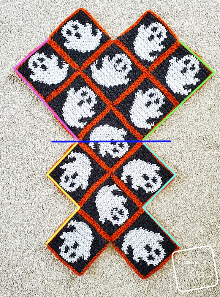 [Image description] Glenda Ghost Bag assembly photo 2 - all 13 squares are laying upside down and color-coded on an off-white carpet