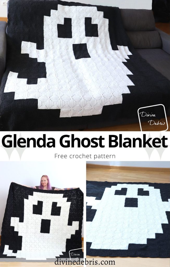Learn to make the seriously epic Halloween themed Glenda Ghost Blanket from a free crochet pattern by Divine Debris.