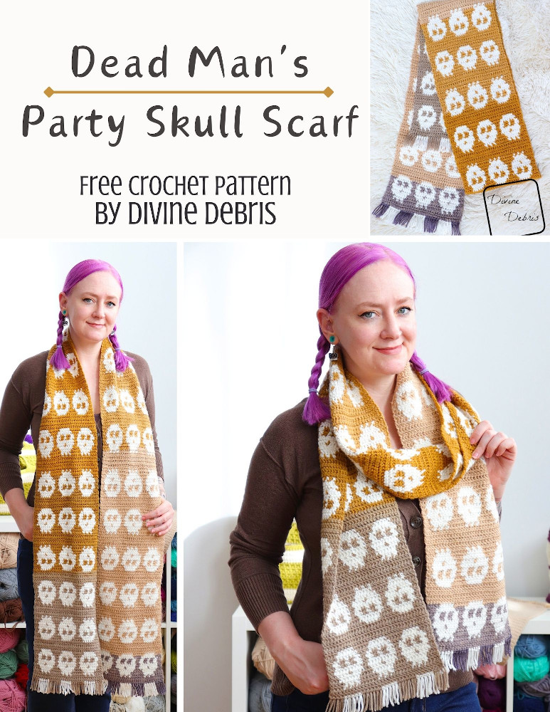 Learn to make the eye-catching and fun Halloween inspired design, the Dead Man's Party Skull Scarf crochet pattern by Divine Debris.