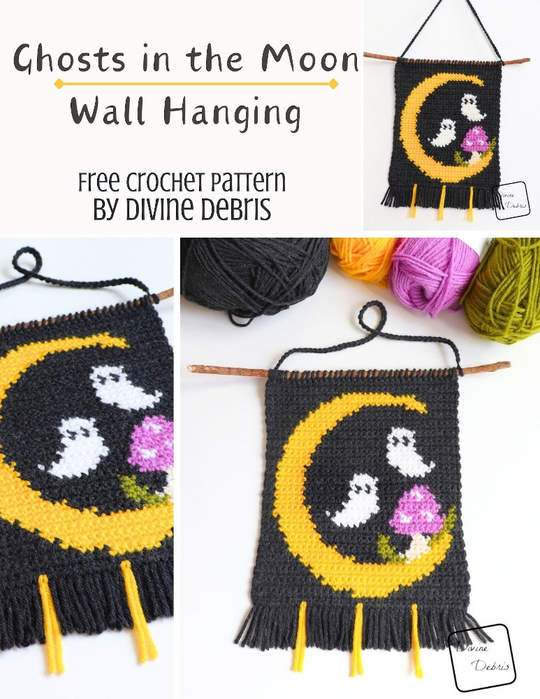 Find your whimsy in the spooky season with this cute and easy to customize ghosty moon themed wall hanging - the Ghosts in the Moon Wall Hanging by Divine Debris. Great for crochet, knitting, Tunisian crochet, cross stitch, and more fiber arts.